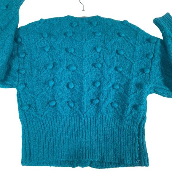 ZARA Faux Pearl Button front Cropped Cardigan Sweater Pom-pom Teal Blue Small - Picture 4 of 11